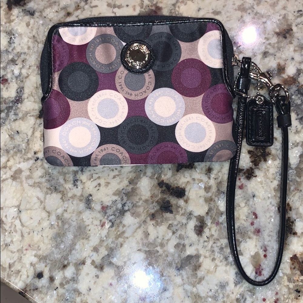 Satin purple black & white Coach wristlet wallet